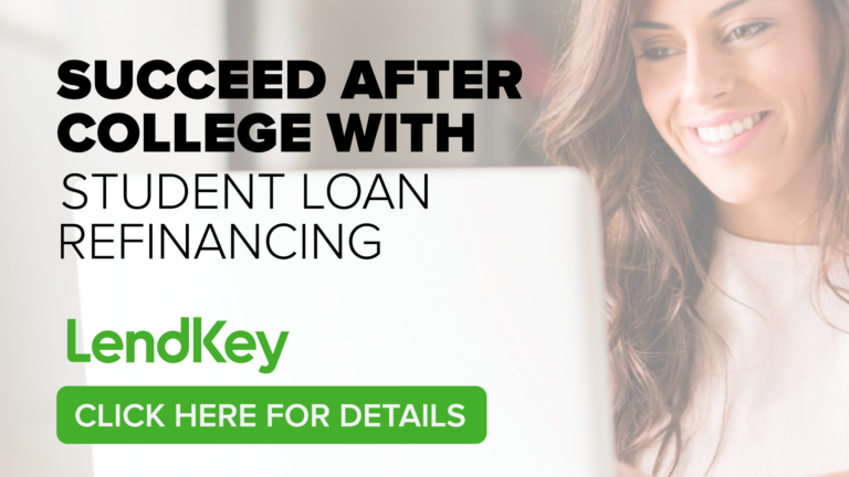 Web banner of the LendKey student refinance option. deal. The logo links to the LendKey for more details.