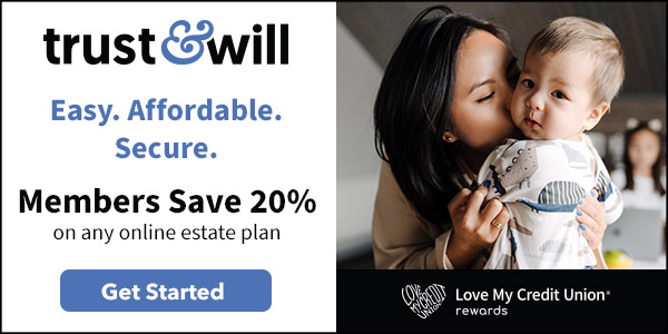 Web banner of the Trust & Will logo and deal through Love My Credit Union Rewards (LMCUR). The logo links to the LMCUR website for more details.